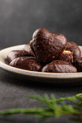 Gingerbread chocolate heart shaped honey cakes Christmas sweet dessert new year natural product tasty snack fresh delicious gourmet food background on the table rustic top view copy space