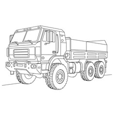 Military Truck Outlines: A detailed line art illustration of a rugged military truck, highlighting its robust design and features.