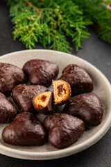 Gingerbread chocolate heart shaped honey cakes Christmas sweet dessert new year natural product tasty snack fresh delicious gourmet food background on the table rustic top view copy space