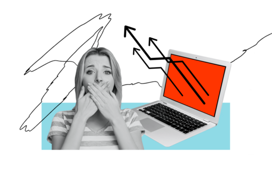 Composite photo collage of shocked business girl receive promotion arrow freelancer growth laptop device isolated on painted background