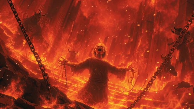 A burning skeletal figure rises from lava, flames consuming its body as it reaches upward, symbolizing agony, punishment and eternal torment concept