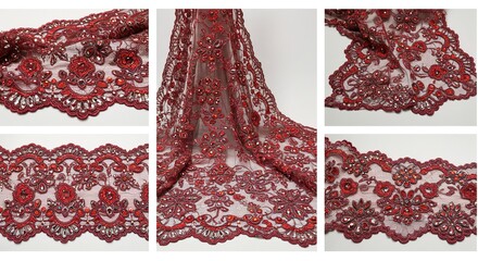 Close up of red floral lace fabric with bead embellishments , trending, fashion, lifestyle