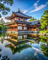 Traditional japanese temple reflecting in a serene pond with lush greenery