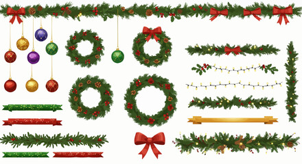 Modern collection of vector Christmas wreaths and tree decorations with clean minimalist style. Great for social media, cards, and packaging. © kzzoriy