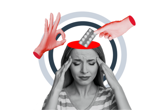 Composite trend artwork sketch collage of monochrome young lady sad face suffer headache half head open pill treatment doctor hand gesture