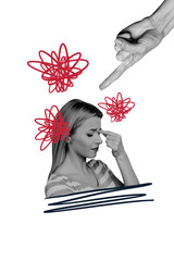 Composite sketch trend artwork collage of young lady confused finger point mess line harassment...
