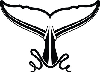Vector whale tail fluke silhouette with decorative swirl elements illustration