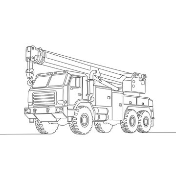 Engineering Marvel in Line: A detailed line drawing of a powerful crane truck showcases the intricate engineering and robust design of heavy machinery.