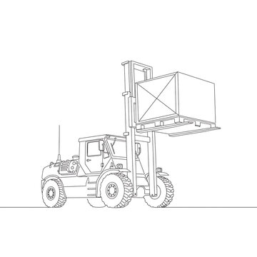 Industrial Lift: A precision-drawn illustration of a robust industrial forklift, its forks engaged in the methodical transport of a sizable cargo box.