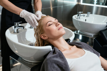 Professional salon hair wash for client, stylist massaging scalp and applying shampoo, wellness and self-care promotional banner

