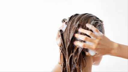 Close up of wet hair being shampooed by hand, foamy lather and personal hair care routine, purity and cleanliness concept banner

