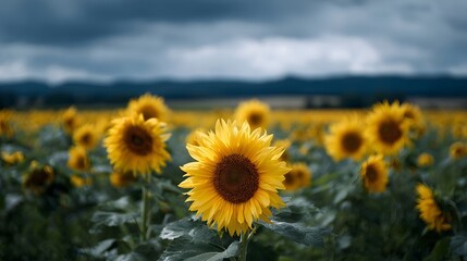 Fototapeta premium A vibrant field of yellow sunflowers under a dramatic cloudy sky with a close up on a single bloom in the foreground