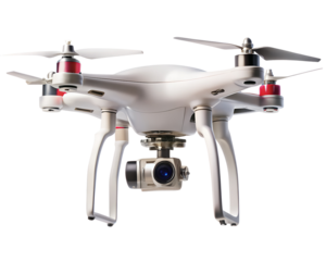 Modern white quadcopter drone with camera flying in air aerial isolated on transparent background