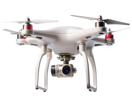 Modern white quadcopter drone with camera flying in air aerial isolated on transparent background