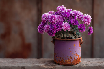 Beautiful purple flower bunch in pastel purple pot