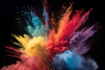 Colorful holi powder explosion on black background creates vibrant design