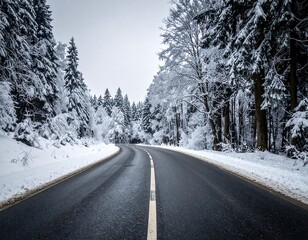 Winding asphalt road through a snow-covered forest during winter, trees heavy with snow, under a cloudy sky