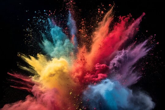 Colorful holi powder explosion on black background creates vibrant design - Powered by Adobe