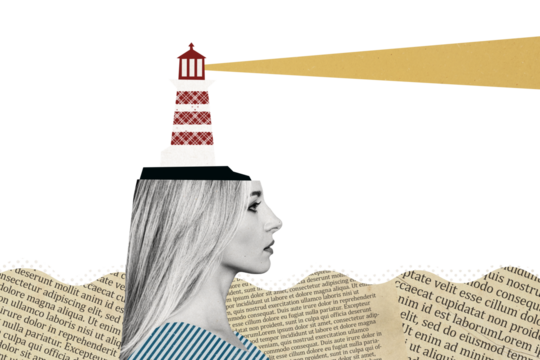 Composite photo collage of serious blonde girl instead head lighthouse ray signal direction tower light isolated on painted background