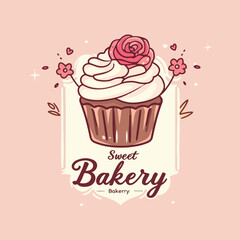 Colorful Cupcake with Cream Frosting, Bakery Shop Logo Concept Vector