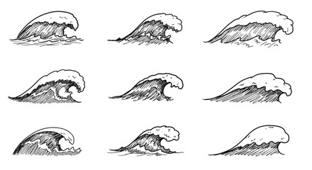 Fototapeta premium Hand drawn ocean waves set: nine unique sketch illustrations of surf waves