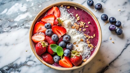 Healthy smoothie bowl with strawberries, blueberries, and coconut flakes