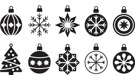 Black and White Holiday Icons Christmas Tree, Snowflake, and Ornament Silhouettes Set