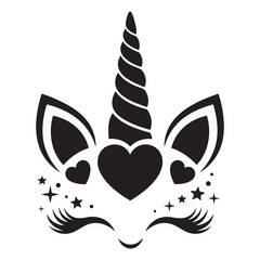 Minimalist Unicorn Face Silhouette with Hearts & Stars – Black Vector Illustration © Asia
