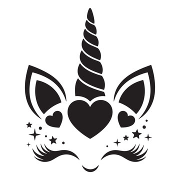 Minimalist Unicorn Face Silhouette with Hearts & Stars &ndash; Black Vector Illustration