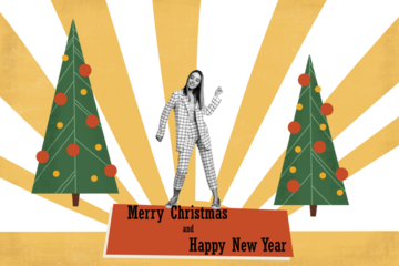Composite trend artwork sketch image collage of winter holiday merry christmas newyear decor eve tree young lady dance party celebrate