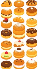 Assortment of baked pastries and donuts with various toppings