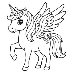 Cute Winged Unicorn Pegasus – Black-and-White Line Art Vector for Coloring Pages