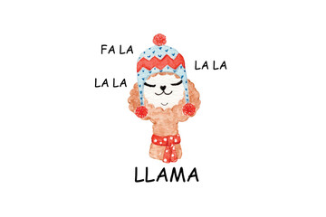 Fa La La Llama, Watercolor illustration cute singing llama in a winter beanie Sublimation Design