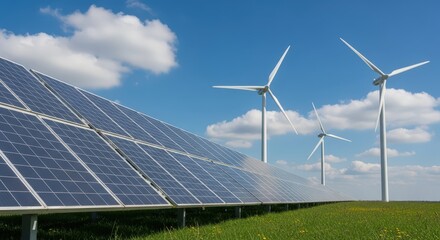 Solar panels and wind turbines stand in a green field, generating clean energy under a bright blue sky