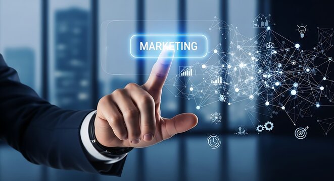Marketing concept with a businessman touching a digital screen the image conveys a modern and technological approach to marketing strategies and business development