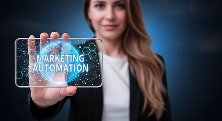 A businesswoman presents a transparent screen displaying marketing automation with a glowing globe, symbolizing technological advancement and strategic digital marketing solutions for business growth