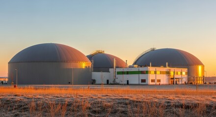 Biogas plant with large spherical storage tanks and a main building at sunset, surrounded by a frosted field