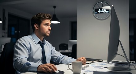 A focused young businessman is working late at his office, sitting at his desk with a computer, a cup of coffee, and a clock showing 445 am, showcasing dedication and hard work