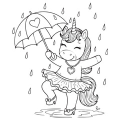 Dancing Unicorn with Umbrella in Rain &ndash; Cute Line Art Coloring Page Vector Illustration
