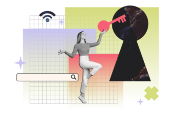 Composite trend artwork sketch image photo collage of young lady stand search research webpage find browsing lock key hole wifi internet