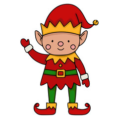 Cheerful Christmas elf character waving, vector illustration with festive attire and friendly expression.