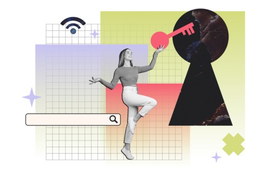 Composite trend artwork sketch image photo collage of young lady stand search research webpage find browsing lock key hole wifi internet