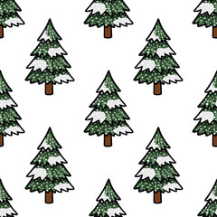 Seamless vector pattern of stylized snow-covered pine trees with a playful, hand-drawn aesthetic.