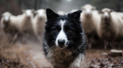 A focused border collie dog leads a flock of sheep through a misty natural landscape