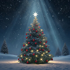 Obraz premium Decorated christmas tree in snowy winter landscape with star topper