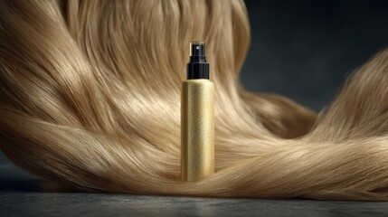 Naklejka premium Golden spray bottle on flowing blonde hair representing effective haircare and beauty products for healthy, shiny, and styled results