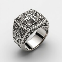 Intricate Silver Signet Ring with Cross and Engravings