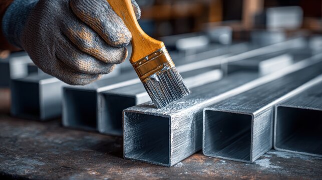 A man applies primer to metal square pipes Empty space