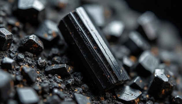 Macro view of dark black tourmaline crystals scattered on dark earth. Jagged mineral stones show rough texture and geometric shapes. Some crystals reflect light, others are dull.