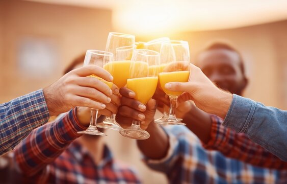 A joyful group of friends clinks their glasses filled with colorful mimosas, celebrating together during a weekend brunch at sunset